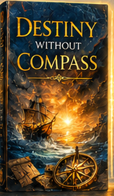 Book cover titled 'Destiny Without Compass' featuring a ship on turbulent seas, a bright sunset, and a prominent ship's compass.