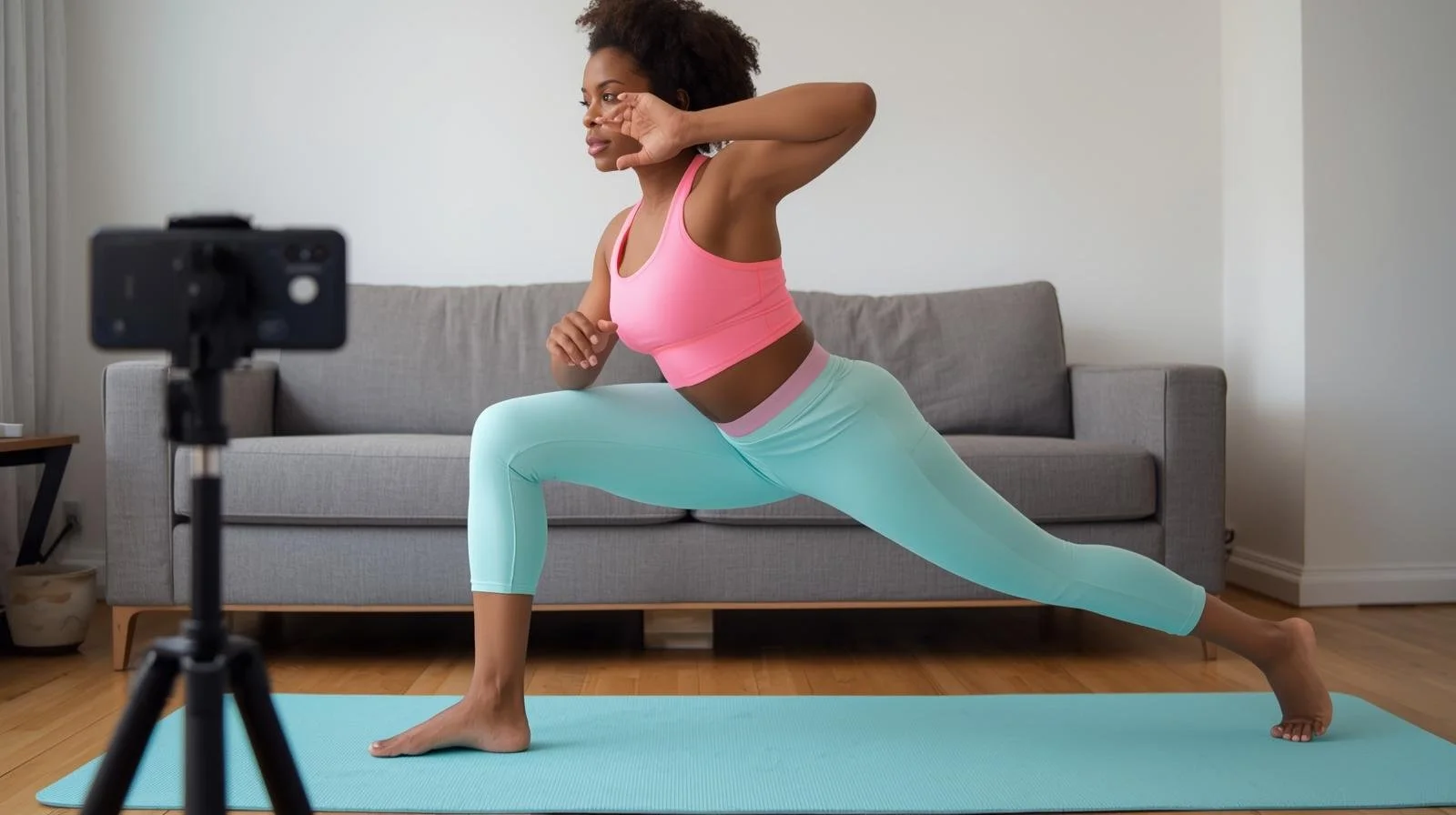Create an image of a woman doing a virtual Pilates workout in the living room at  home with pastel or bright clothing and light Tiffany blue pilates set. No machine equipment. Show phone on a tripod. Black women. Working on glutes. No shoes.jpeg