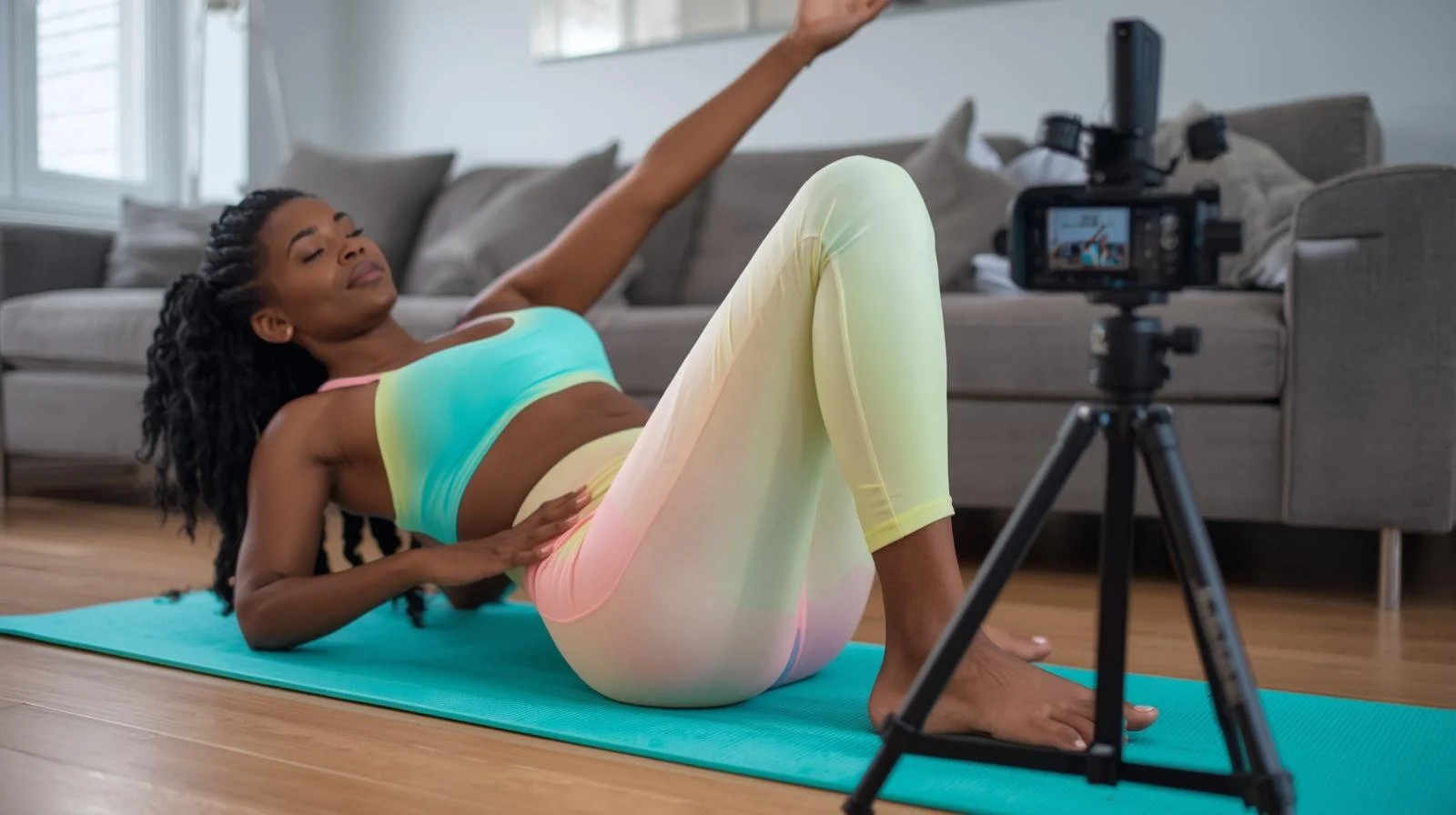 Create an image of a woman doing a virtual Pilates workout in the living room at  home with pastel or bright clothing and light Tiffany blue pilates set. No machine equipment. Show phone on a tripod. Black women. Working on glutes. No shoes.jpeg