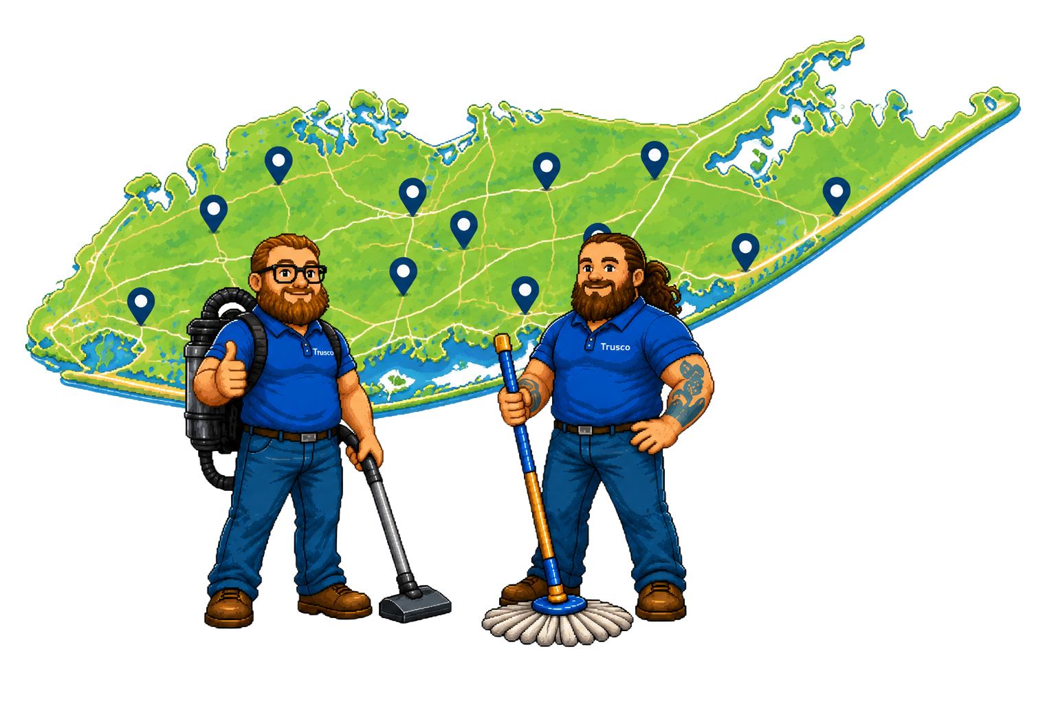 Illustration of two men in blue shirts with 'Trusco' logo, standing in front of a large map of Long Island New York with marked locations, one holding a mop and the other giving a thumbs up, representing maintenance or cleaning services.