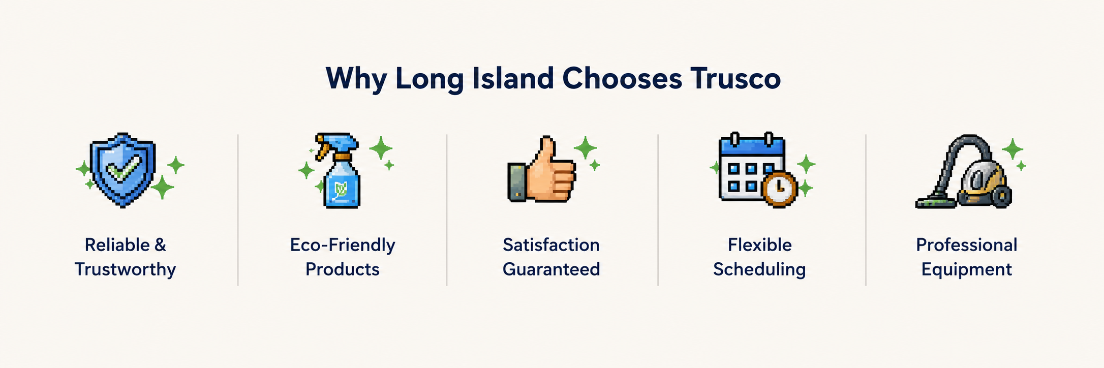 An infographic titled "Why Long Island Choses Trusco" featuring five pixel art icons with text: a shield with a check mark labeled "Reliable & Trustworthy," a spray bottle labeled "Eco-Friendly Products," a thumbs up labeled "Satisfaction Guaranteed," a calendar labeled "Flexible Scheduling," and a vacuum labeled "Professional Equipment."