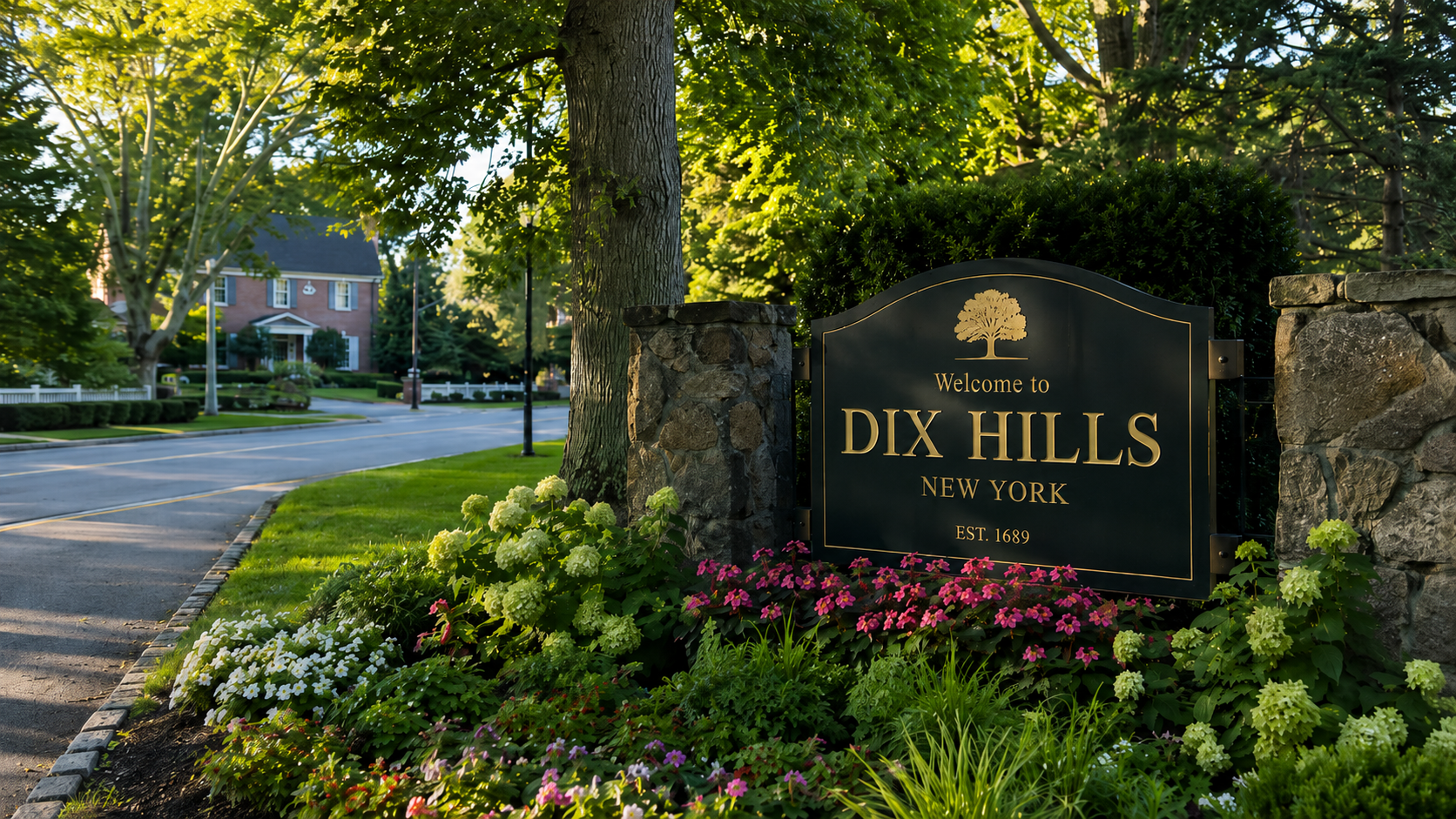 Welcome to Dix Hills, New York sign at the entrance of a residential neighborhood, with stone pillars, lush green trees, and colorful flowers in the foreground, sunny day.