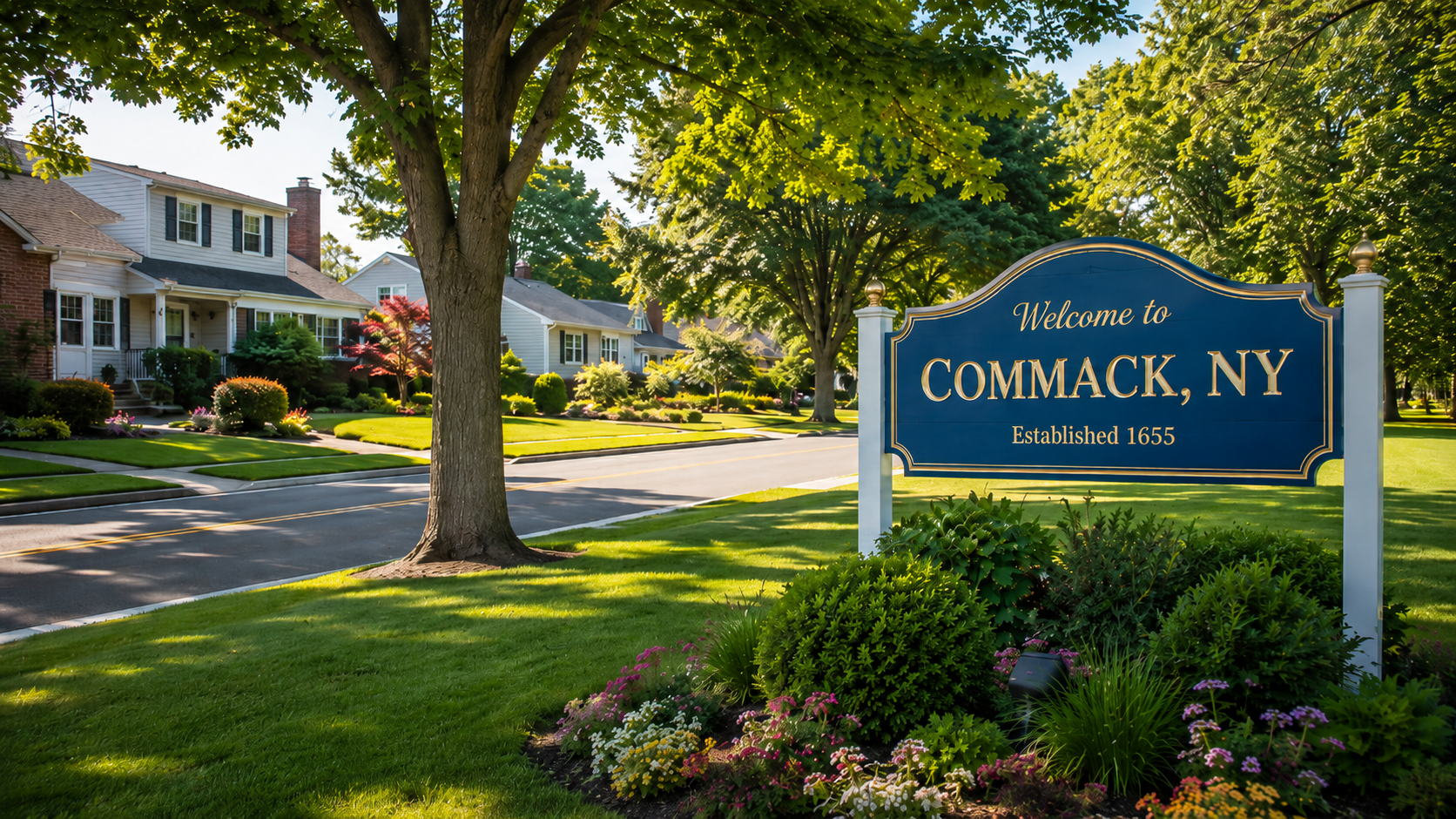 A neighborhood street in Commack, NY, lined with well-maintained houses and lush green trees, with a blue welcome sign in the foreground that reads 'Welcome to Commack, NY, Established 1655' surrounded by colorful flowers.