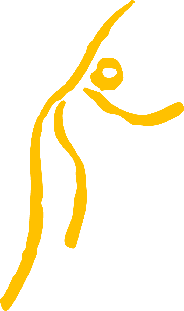 A stylized abstract yellow figure on a black background, possibly representing a person or a shape.
