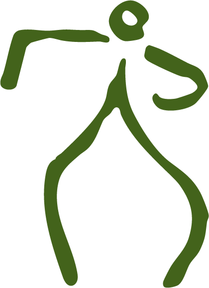 A simple line drawing of a person bowling, with one arm raised holding a bowling ball and their other arm extended behind.