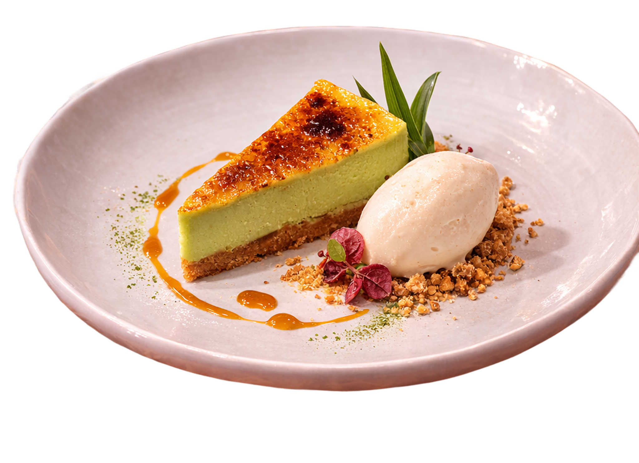 A slice of pandan cheesecake on a white plate, garnished with a green leaf, pink edible flower, crushed nuts, and a scoop of vanilla ice cream, drizzled with caramel sauce.
