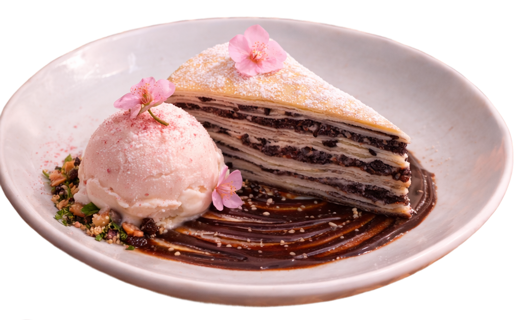 A slice of layered chocolate and cream cake with pink flower garnish, served with a scoop of pink and white ice cream topped with pink flowers, on a white plate with chocolate drizzle.