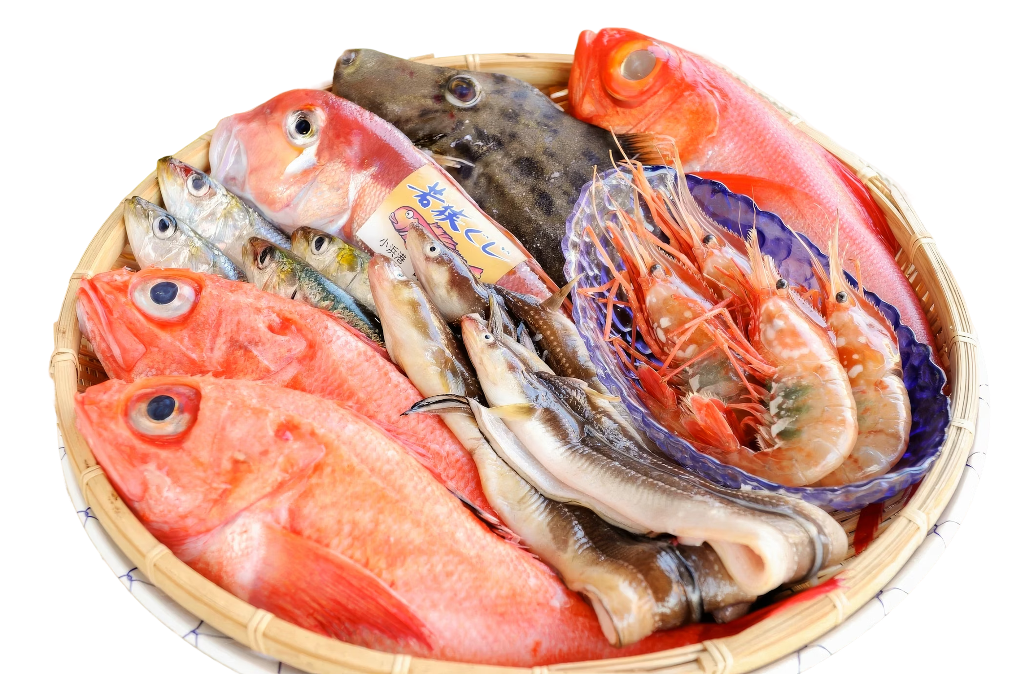 A basket of fresh assorted seafood including red snapper, roe, shrimp, and small fish.