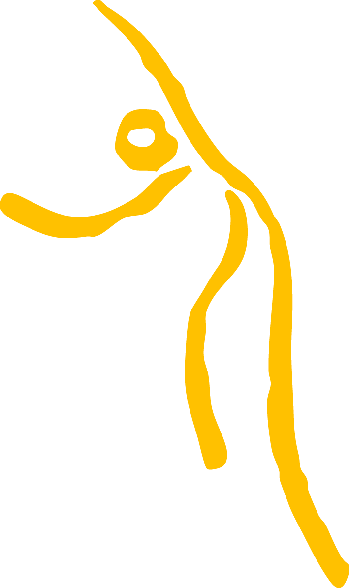 Yellow line drawing of a seedling with a small round seed, on a black background.
