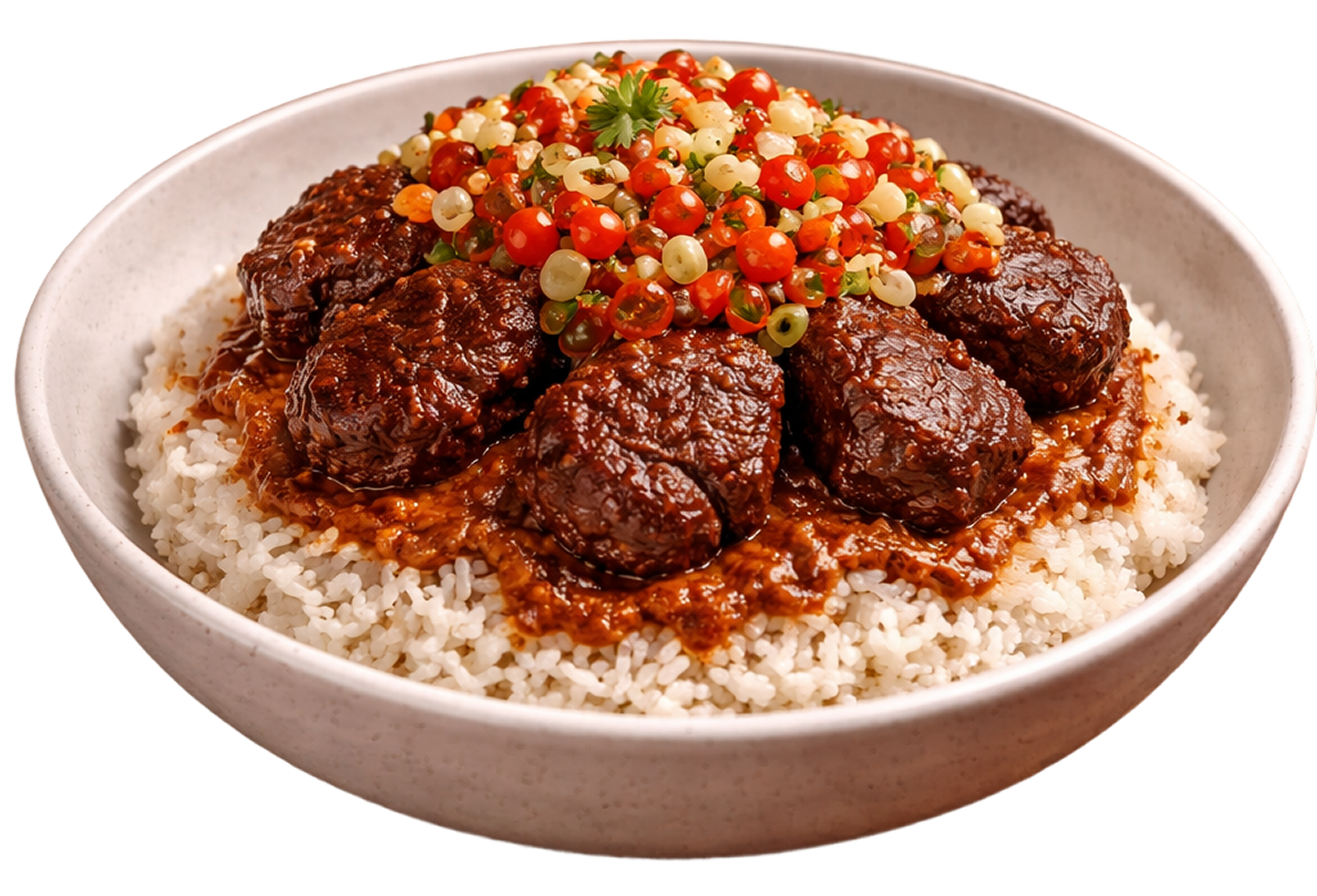 Bowl of cooked white rice topped with wagyu in sauce and a side of wildflower salad with cherry tomatoes and herbs.