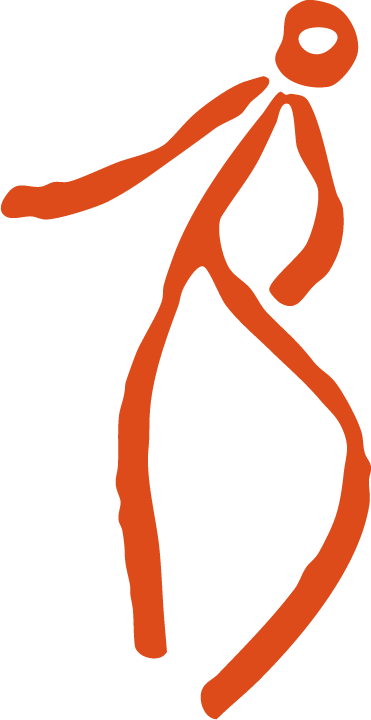 A simple, abstract drawing of a person with an orange outline, walking or standing with one arm extended.