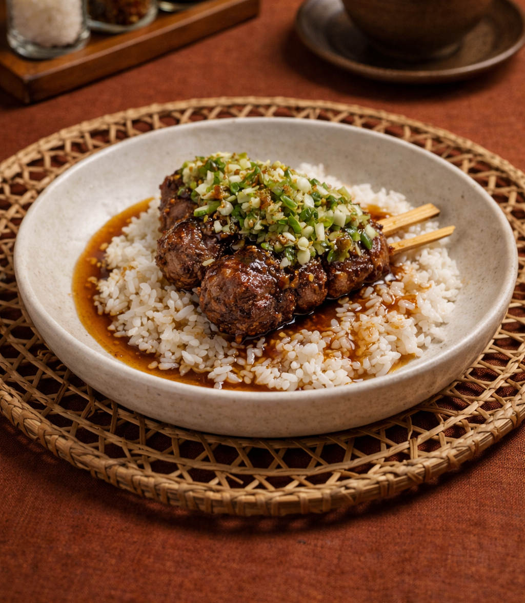 Skewered beef on rice topped with chopped green onions and sauce, served on a ceramic plate with a woven placemat.