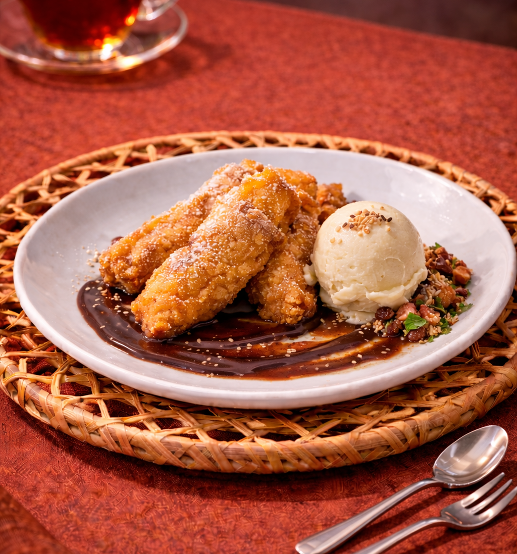 Fried banana topped with powdered sugar, served with a scoop of vanilla ice cream, garnished with chopped nuts and herbs, on a white plate with chocolate sauce underneath