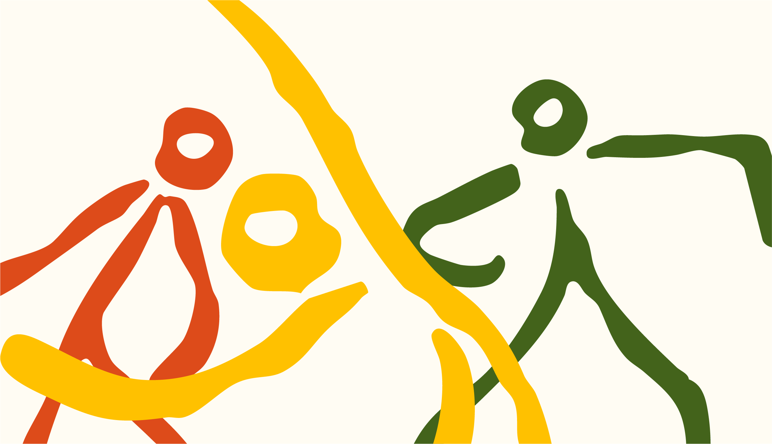 Abstract illustration of three human figures in orange, yellow, and green, connected by flowing lines, representing diversity or connection.