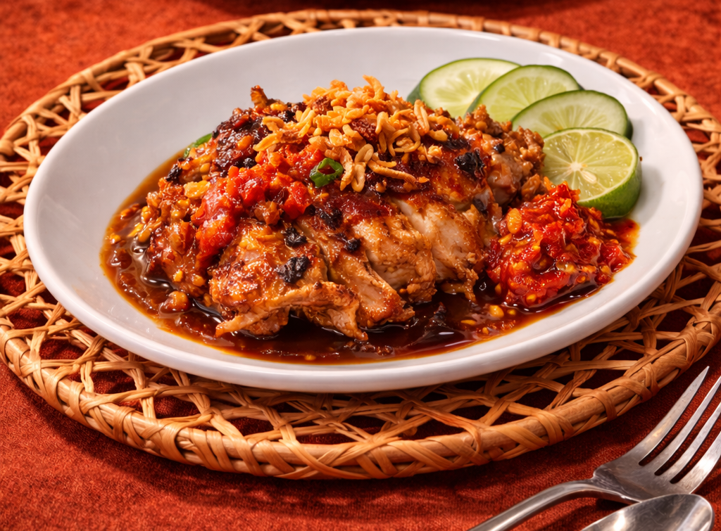 Plate of grilled fish topped with spicy sauce and chopped nuts, garnished with cucumber slices and lime wedges, served on a white dish with a woven placemat and a fork to the side.