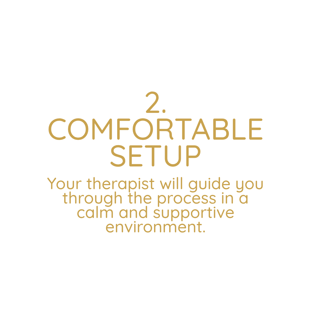 Step 2 of a guide, titled 'Comfortable Setup'. Text explains that a therapist will guide through the process in a calm and supportive environment.