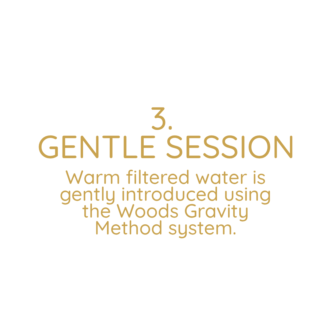 Step 3 of a skincare or massage routine indicating a gentle session with warm filtered water introduced using the Woods Gravity Method system.