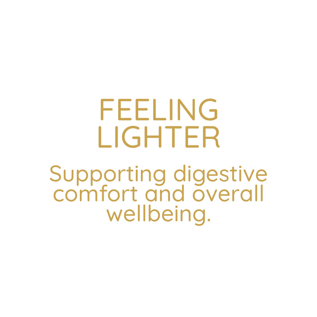 Text saying "Feeling lighter. Supporting digestive comfort and overall wellbeing" on a white background.