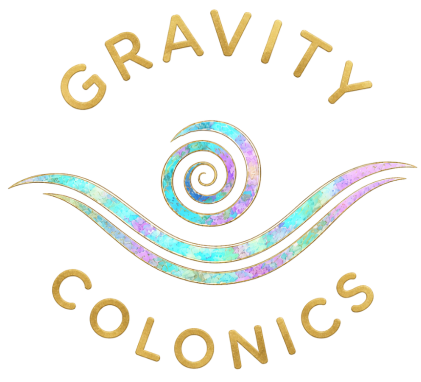 Logo for Gravity Colonics featuring a spiral and wave design with gold lettering spelling 'Gravity Colonics'.