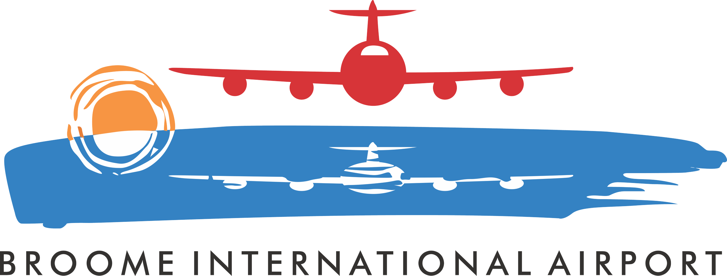 Logo of Broome International Airport featuring a red airplane flying over a blue water body with a stylized orange sun and a white reflection, and the airport name in black text.
