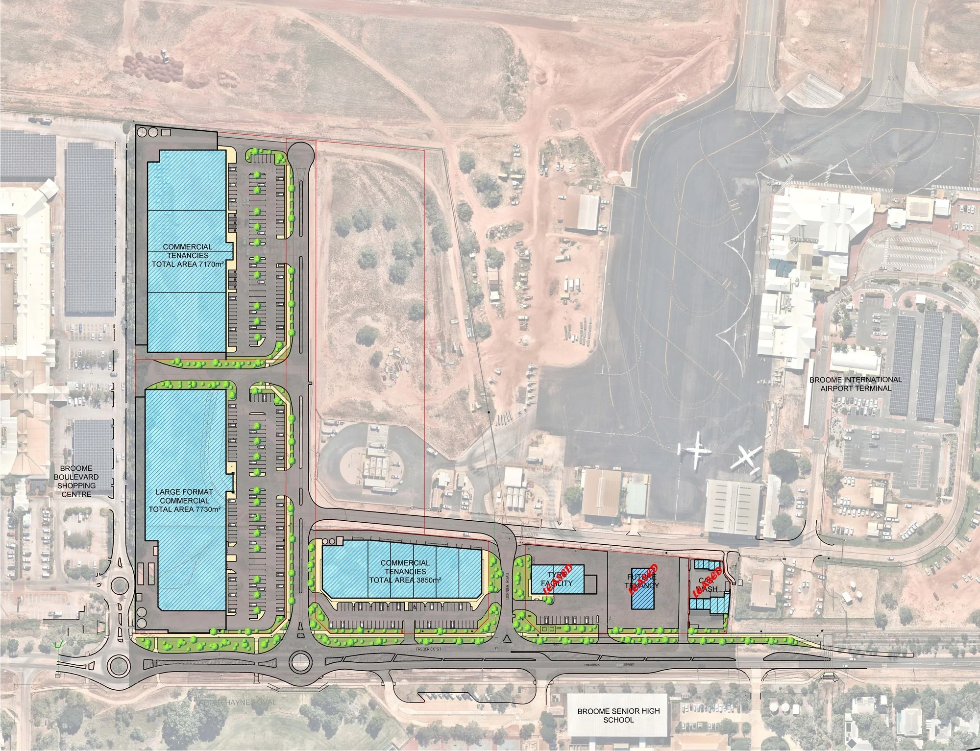 A detailed site plan of an area near Broome International Airport, including commercial tenancies, a school, parking lots, roads, and landscaped areas.