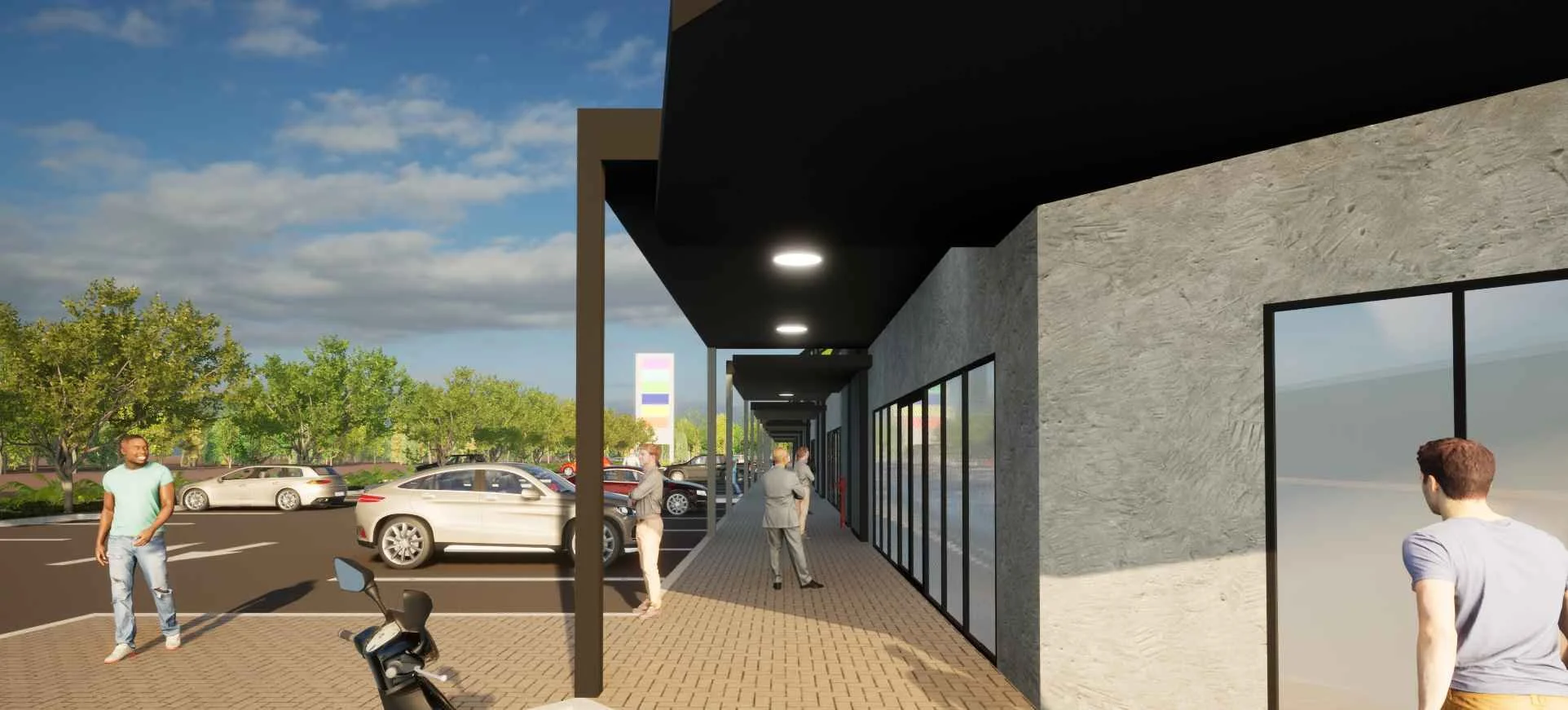 A proposed commercial plaza with large windows, parking lot, trees, and people walking and standing outside on a paved sidewalk, with a partly cloudy sky.