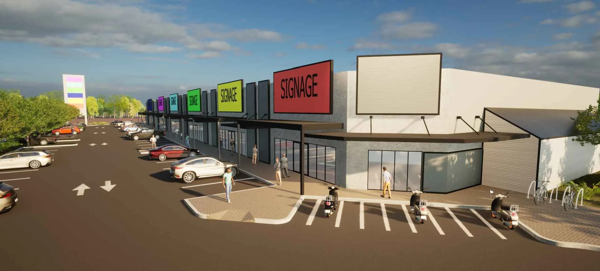 Rendering of a shopping center with parking lot filled with cars, trees along the perimeter, and storefronts with large colorful signs reading "STORE" and "SIGNAGE." The storefronts have glass entrances, some with people walking nearby. The sky is partly cloudy.
