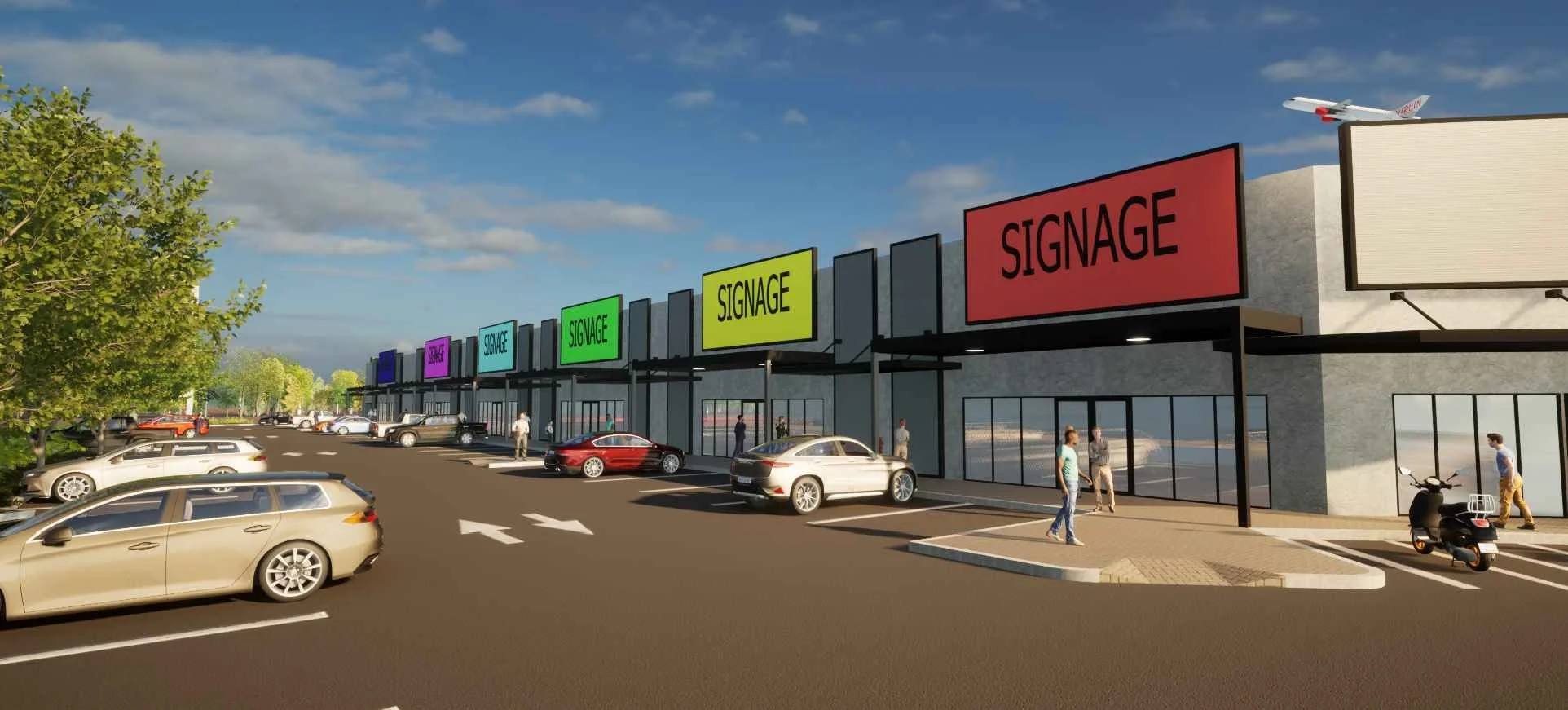 A shopping center parking lot with multiple cars parked and people walking on the sidewalk. The building has several large, colorful signs that say 'SIGNAGE' and 'STORE.' An airplane is flying in the sky in the background.