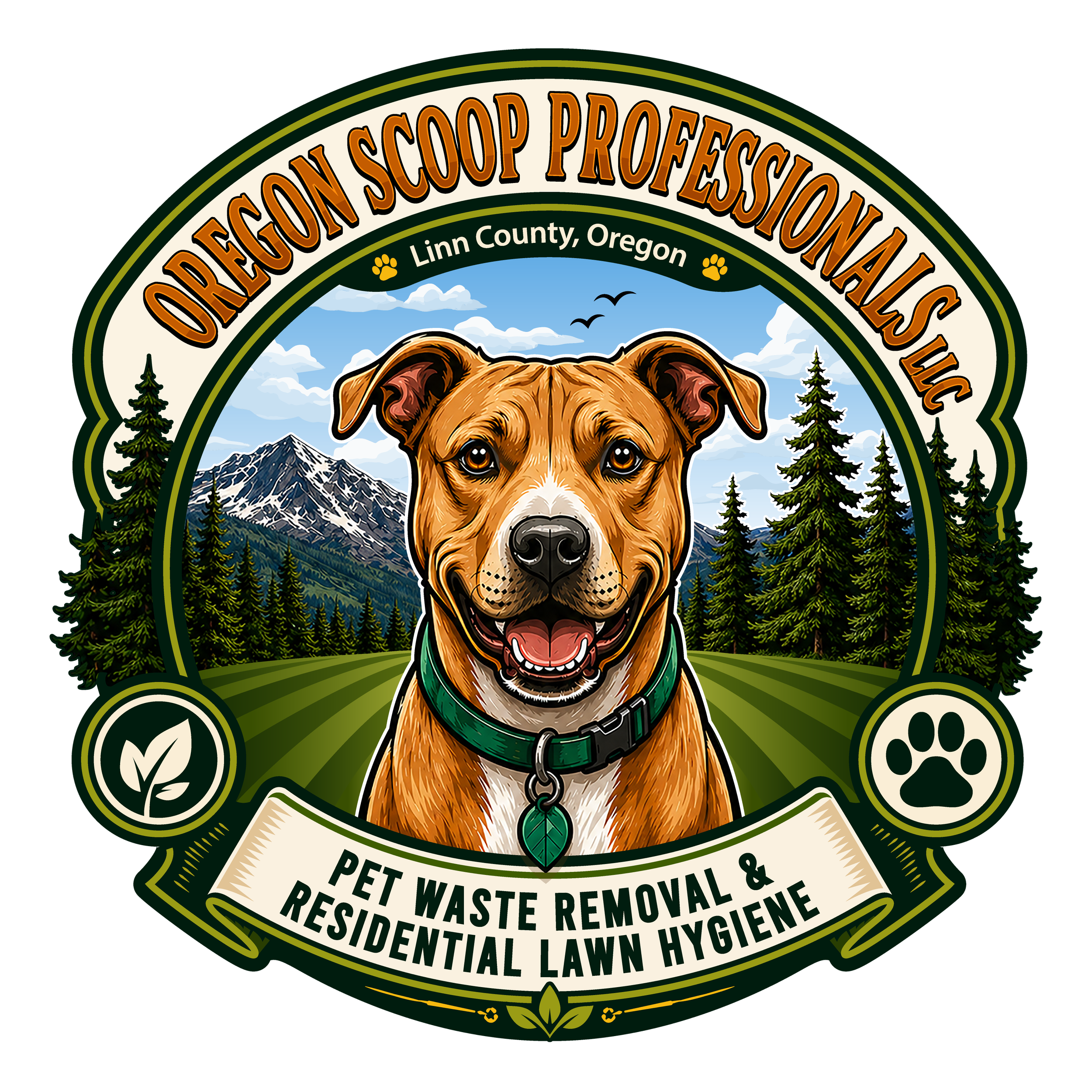 Logo for Oregon Scoop Professional Pet Waste Removal, showcasing a dog's face with mountains, trees, and sky in the background, surrounded by text indicating services for residential and commercial properties.