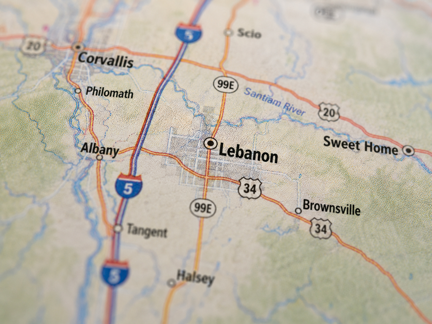 Close-up of a map showing part of New York State, including cities like Albany, Lebanon, and Corvallis, with highways and rivers labeled.