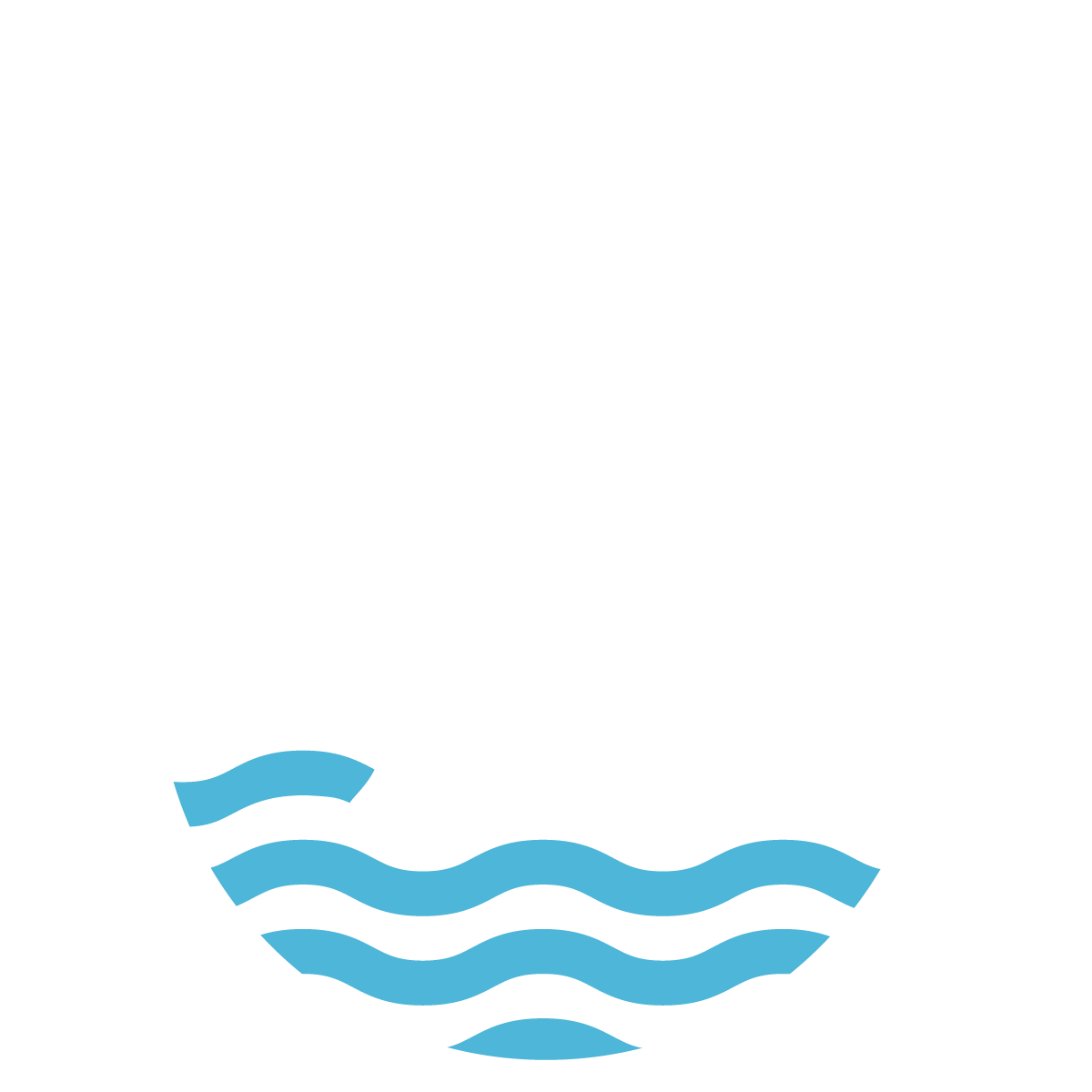 Stylized illustration of a rising sun over hills and water, with rays extending upward.