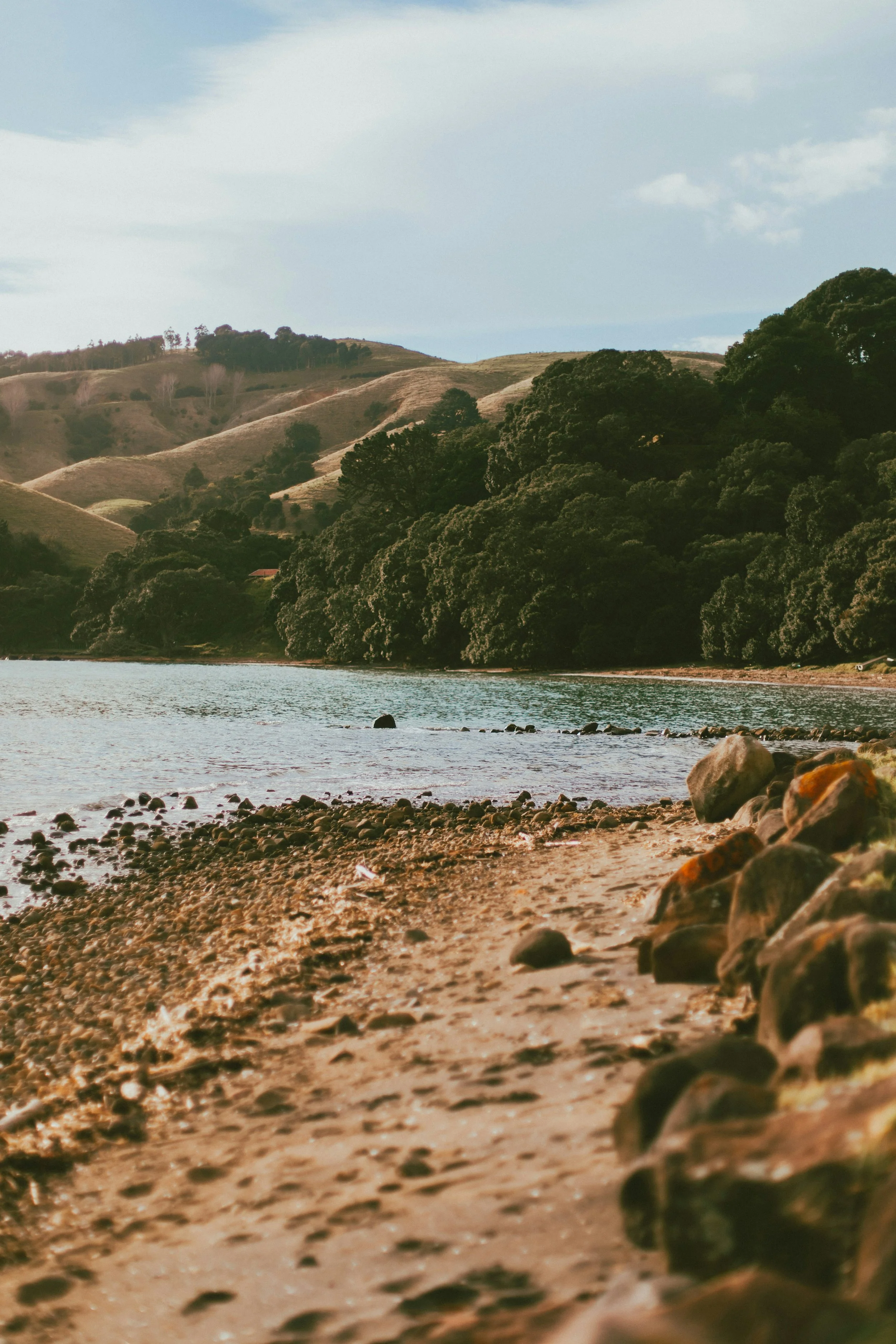 View of a rocky beach with a body of water, surrounded by green trees and hills in the background under a partly cloudy sky.