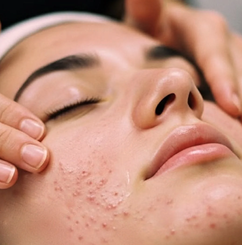 A woman with her eyes closed receiving a facial massage, highlighting a problem with acne or skin blemishes on her cheek.