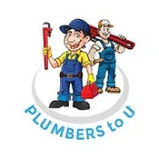 Plumbers to u Logo. Two cartoon plumbers in yellow and blue uniforms holding tools, standing back-to-back with a red pipe and wrench, alongside the text 'Plumbers to U'.