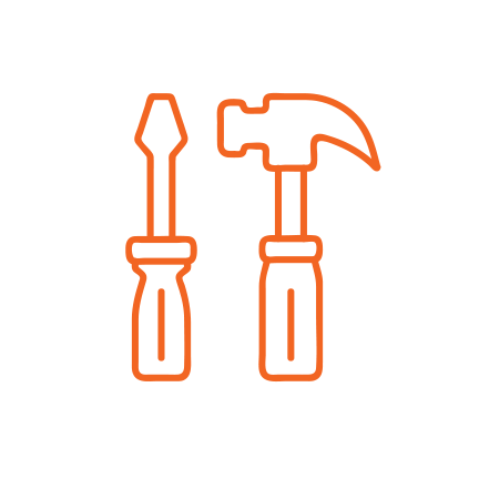 Outline of a screwdriver and a hammer in orange on a white circular background.