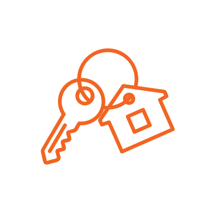 Outline of a key, a keyring, and a house keychain with a house shape, all in orange on a white background.