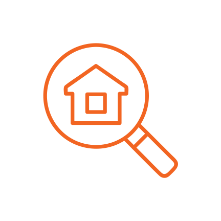 An orange magnifying glass with a house inside, symbolizing house search or real estate search.