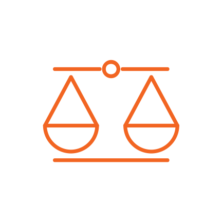 Line drawing of a balanced scale with two pans, in orange.