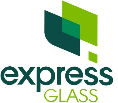 Logo for Express Glass featuring overlapping geometric shapes in shades of green and teal with the text 'express' in bold lowercase and 'GLASS' in smaller uppercase letters.