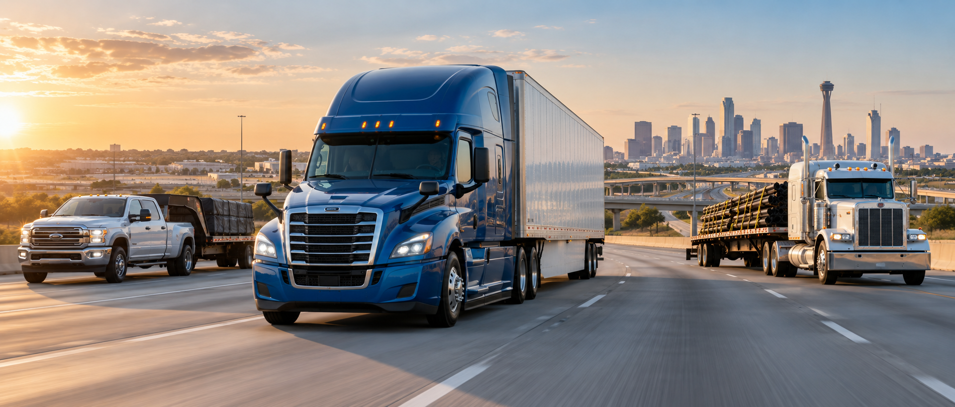 Commercial trucks representing Matthew Logistics bilingual trucking permits and FMCSA compliance services