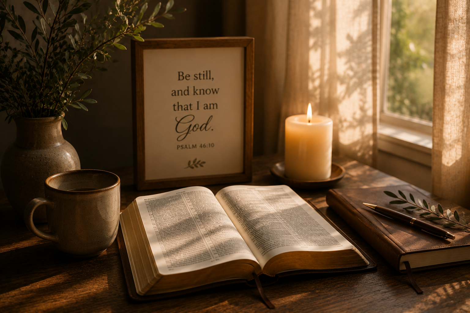 A cozy wooden desk near a window with sunlight, with an open Bible, a ceramic mug, a potted plant, a lit candle, a framed Psalm quote, and a closed journal with a pen and leaf decoration.
