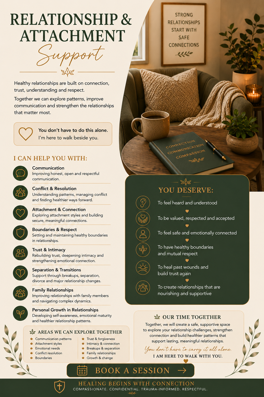 An infographic about relationship and attachment support featuring a cozy living room with a sofa, pillows, a blanket, a coffee table with a cup and a notebook, and framed wall art that says 'Strong relationships start with safe connections.' The infographic outlines ways to improve communication, resolve conflicts, and build emotional bonds, emphasizing the importance of feeling heard, valued, and understood.