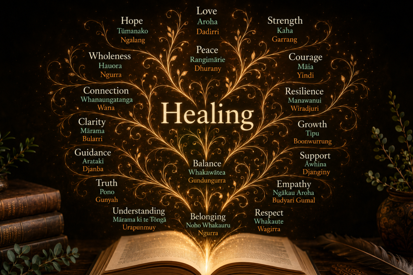 A decorative graphic with a glowing tree of life design emanating from an open book, listing words related to healing with their translations in indigenous Māori and other languages, including hope, wholeness, connection, clarity, guidance, truth, understanding, love, peace, balance, strength, courage, resilience, growth, support, empathy, respect, and belonging.