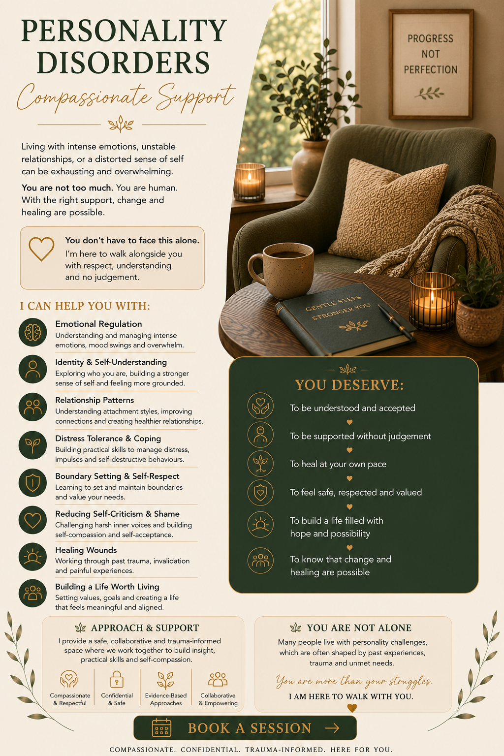 An informational graphic about personality disorders and compassionate support, featuring a cozy living room scene with a green armchair, gardening-themed framed art with the quote 'Progress Not Perfection,' a notebook titled 'Gentle Steps Stronger You,' a cup of coffee, a candle, and potted plants.