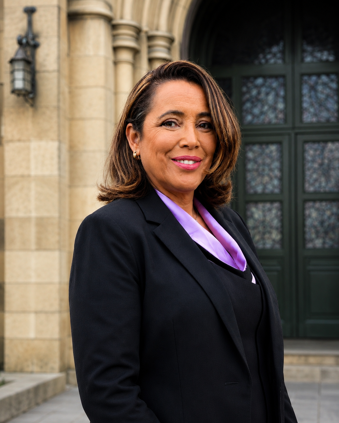 A woman with shoulder-length brown hair, wearing a black blazer and a purple scarf, standing outside a stone building with large green doors.