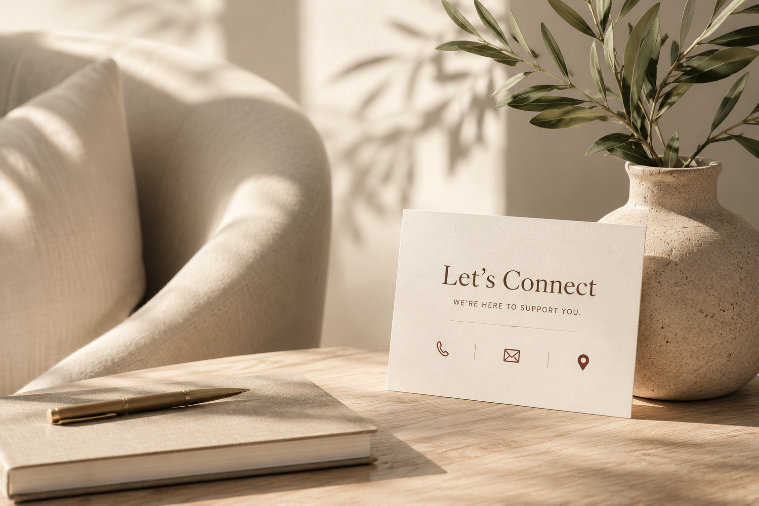 A beige armchair, a notebook with a pen on top, a card with 'Let's Connect' and contact icons next to a potted plant on a wooden table.