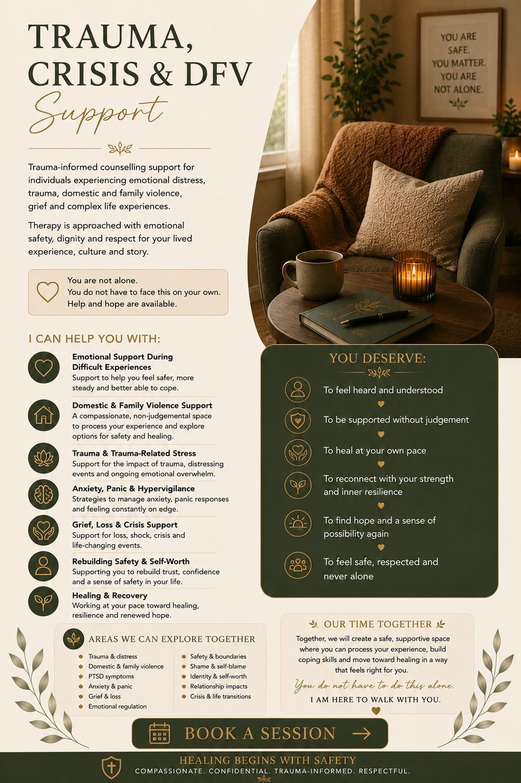 Poster advertising trauma support services, featuring a cozy living room with a coffee table, candle, mug, and notebook, and text about therapy, emotional safety, and healing.