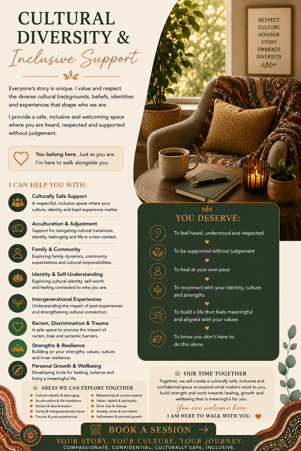 A poster promoting cultural diversity and inclusive support. Features a cozy interior with a coffee cup, notebook, candle, and plants. The poster emphasizes respect, understanding, and healing through cultural awareness.