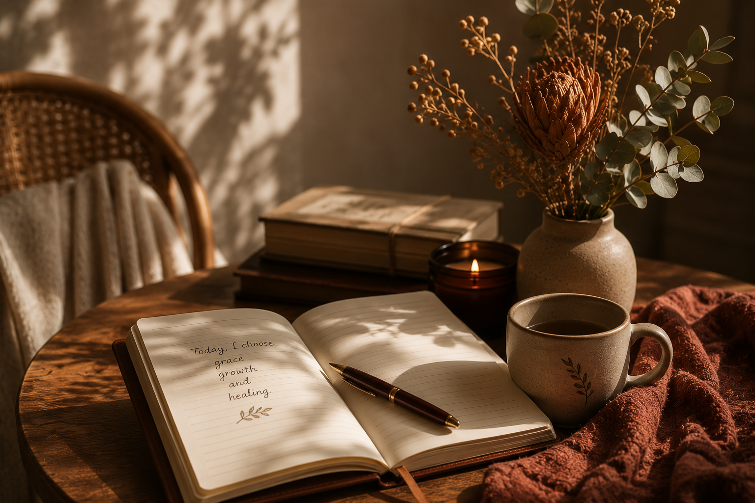 A cozy wooden table set with a notebook, a pen, a coffee mug, a small lit candle, a vase with dried flowers, and a stack of books, with warm sunlight casting shadows.