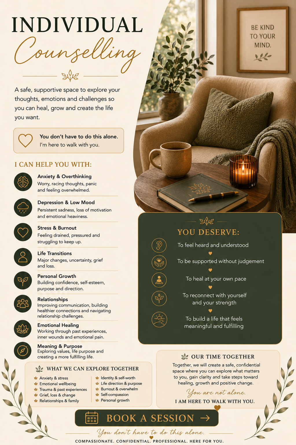 Poster advertising individual counseling services featuring a cozy living room with a beige armchair, a small wooden table with a cup, candle, and a notebook. The poster highlights support for anxiety, depression, stress, and personal growth, and emphasizes feeling understood, supported, healed, and connected.